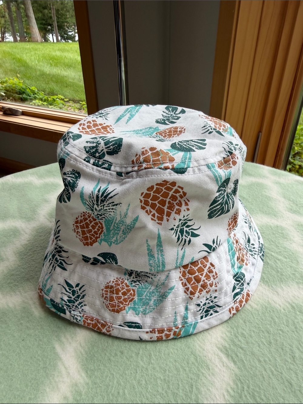 Ron Jon White Bucket Hat with Teal & Brown Pineapple Print Unisex
